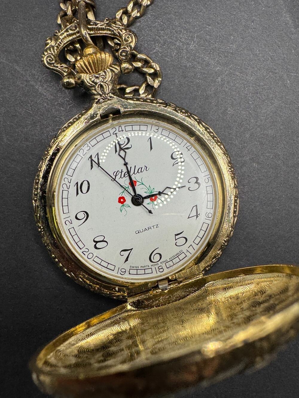 Vintage Stellar Quartz Swiss Parts Hong Kong Manual Wind Pocket Watch Gold Tone